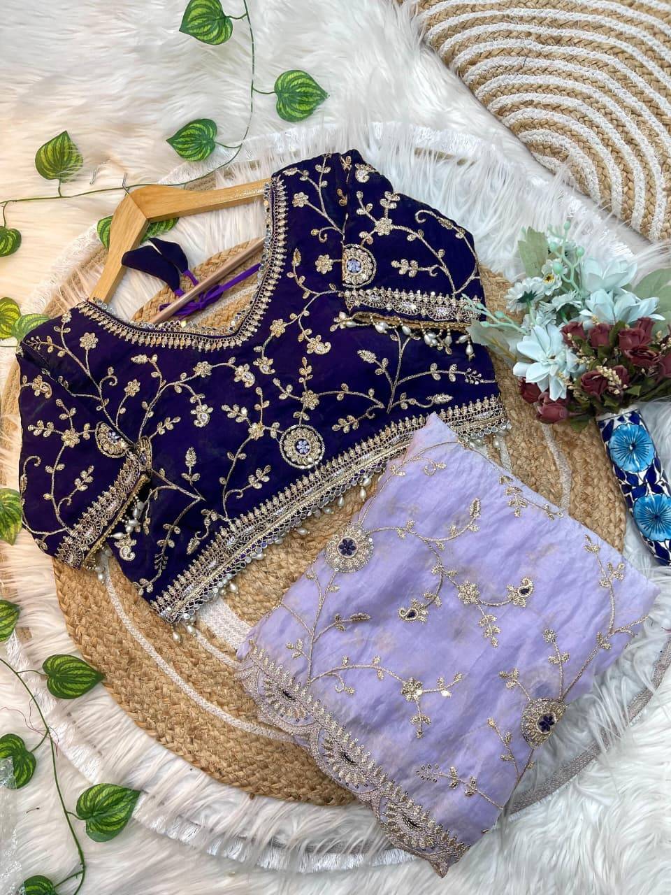 Purple Elegant Fendy Satin Silk Saree with Navy Blue Heavy Embroidered Border & Cutwork Blouse
